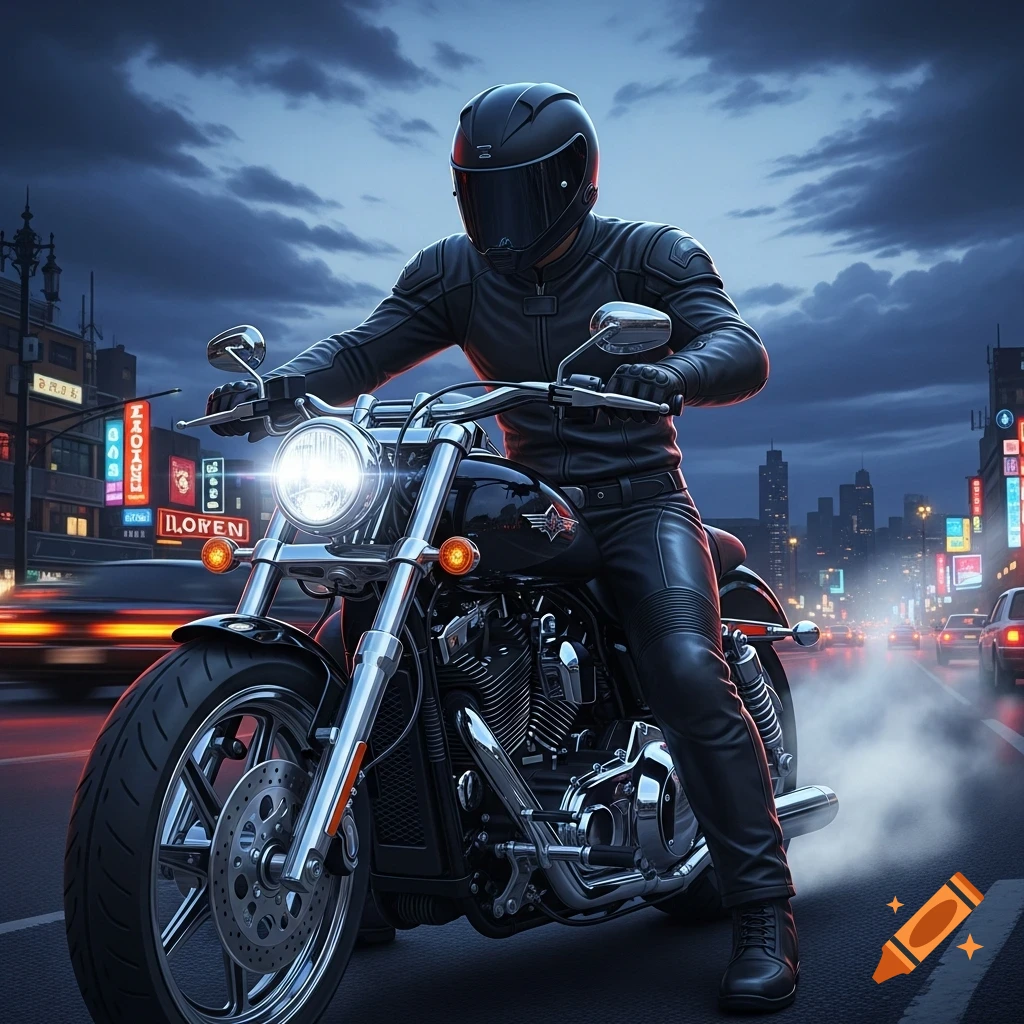 A black-clad biker on a black motorcycle sits on a city street at dusk, with neon signs and blurred traffic in the background.