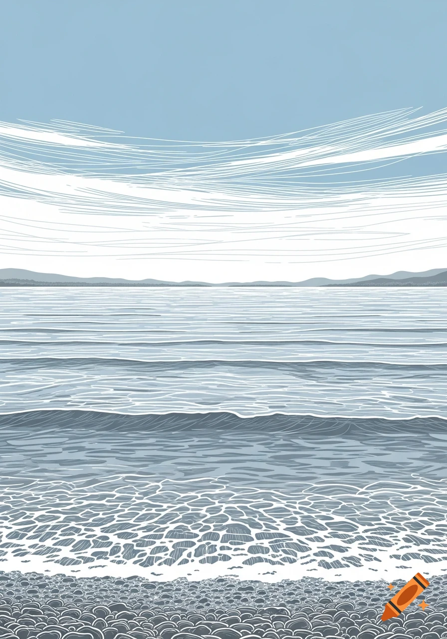 An outlined illustration of a serene body of water, with soft waves lapping a pebbly shore under a light blue sky.
