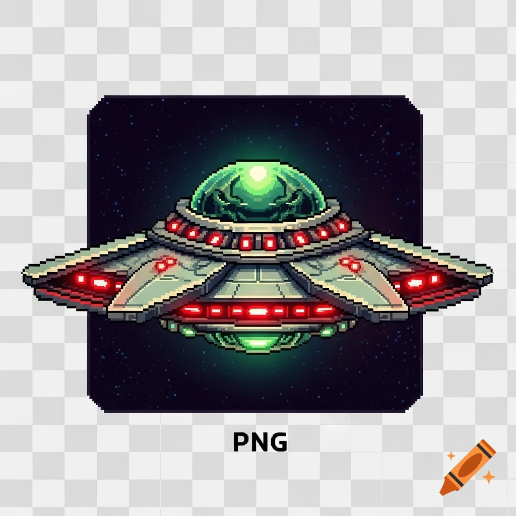 A menacing pixel art UFO with glowing red and green lights against a starry background.