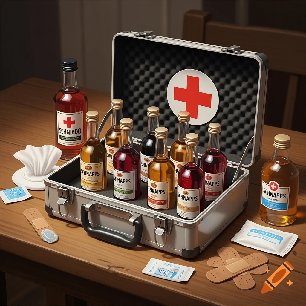 Photorealistic image of a metal first-aid kit filled with miniature Schnapps bottles, bandages, and wipes on a wooden table.