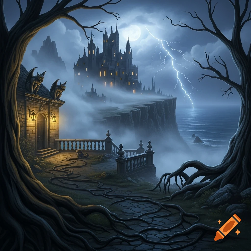 A dark, gothic castle on a cliff overlooking a stormy sea with ...