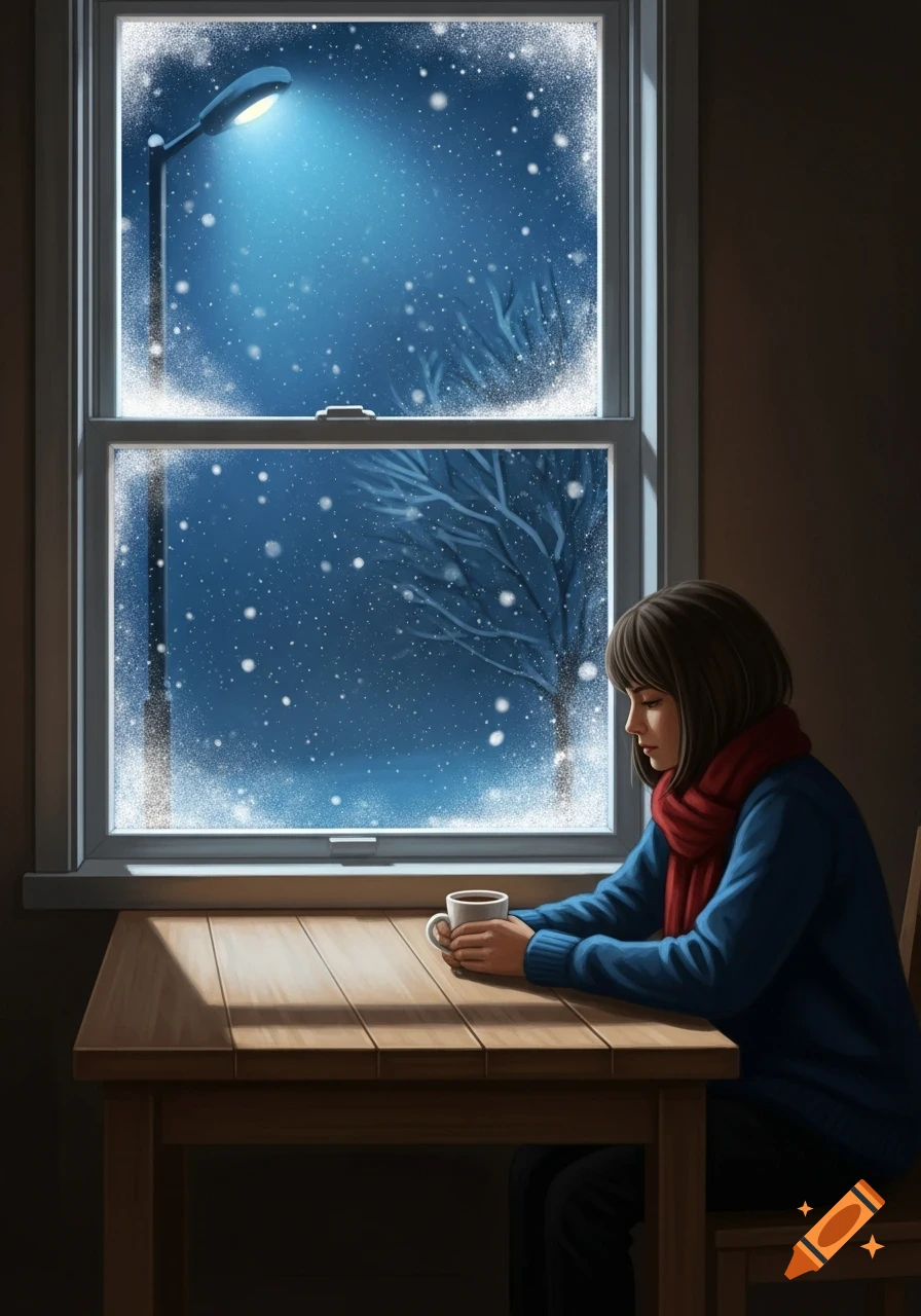 An illustration of a woman in a red scarf sitting at a table, looking out a window at a snowy winter night with a streetlamp.