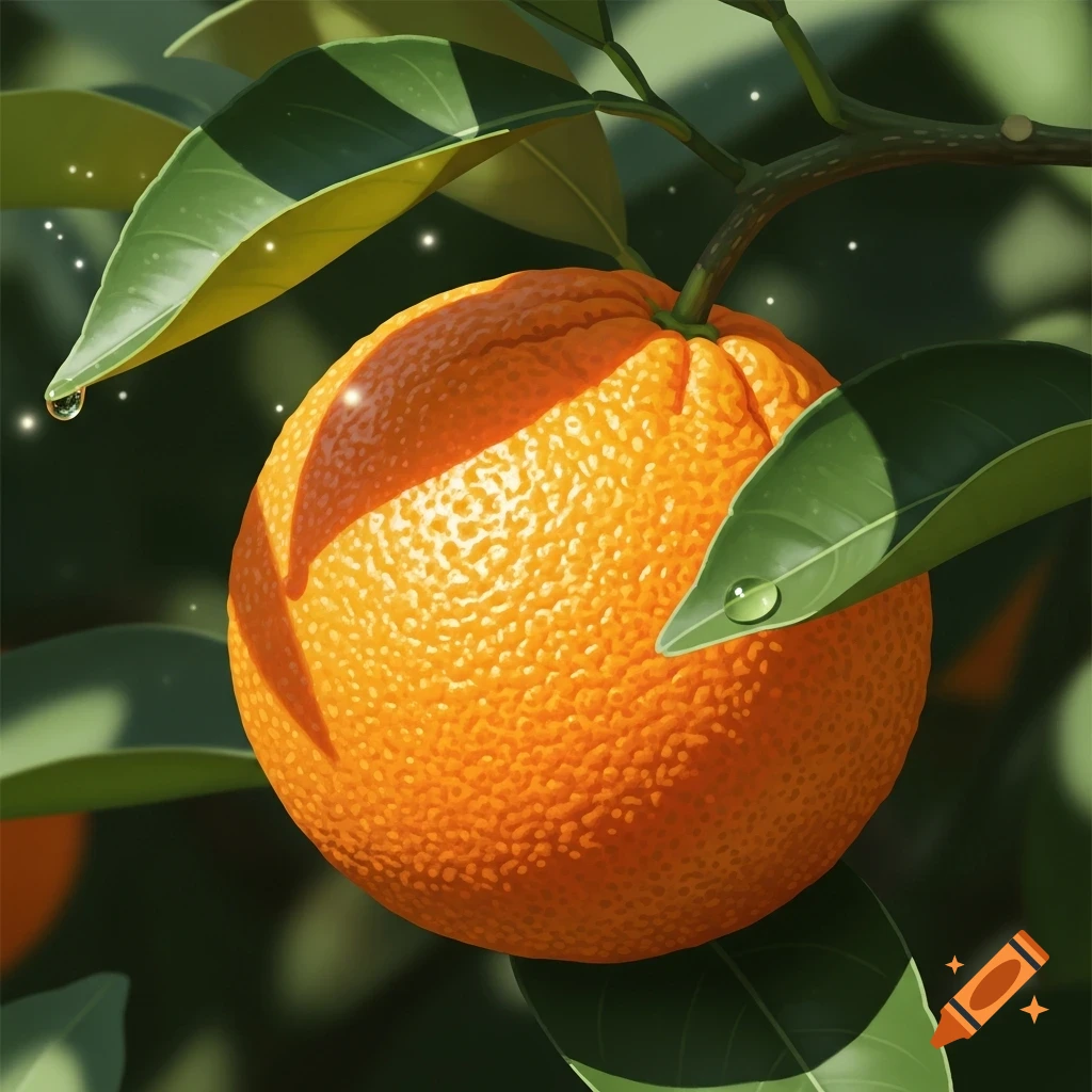 Close-up of a vibrant orange hanging from a branch, with green leaves and glistening water droplets in dappled sunlight.