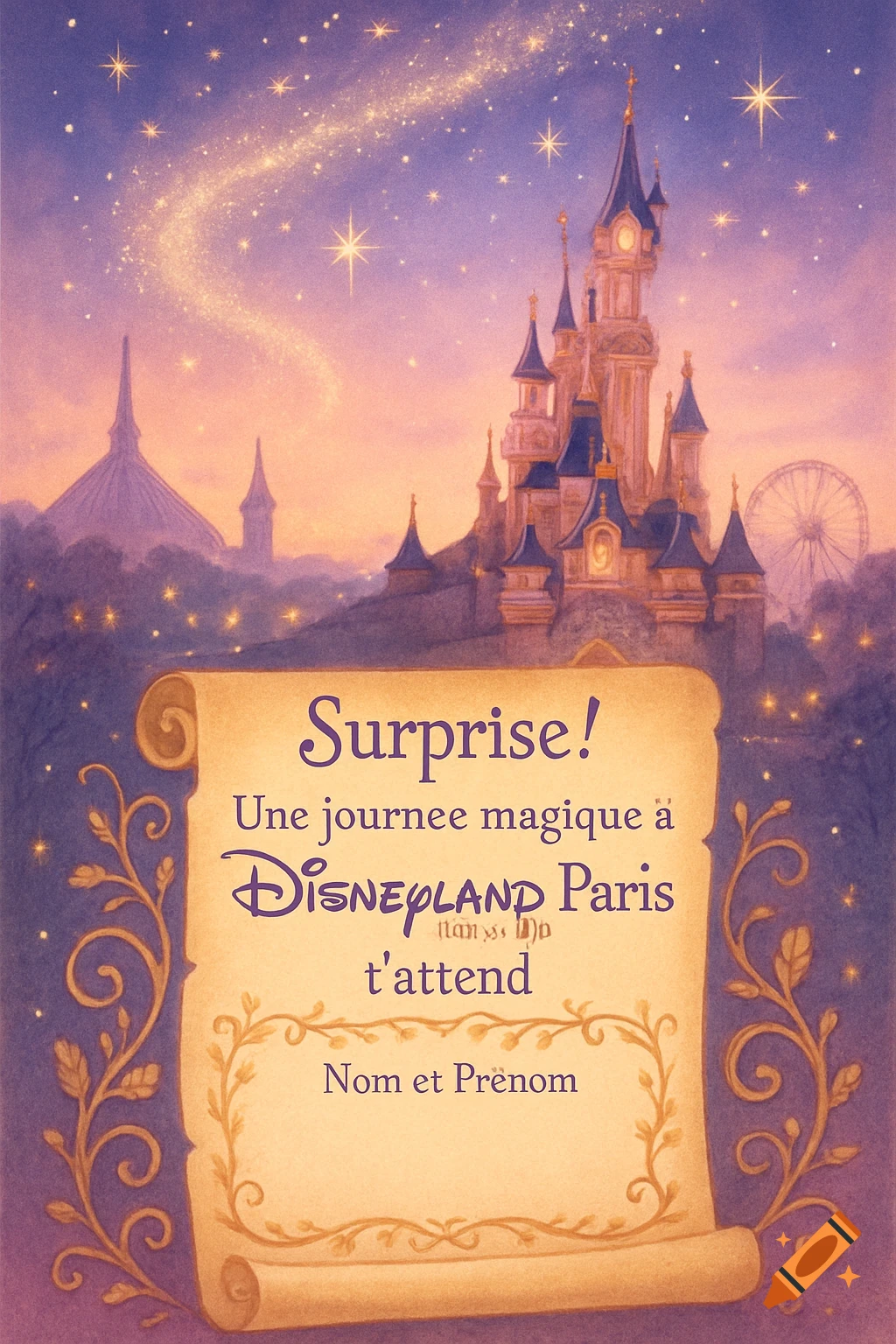 A magical Disney castle under a starry sky, with a scroll reading "Surprise! A magical day awaits you at Disneyland Paris."