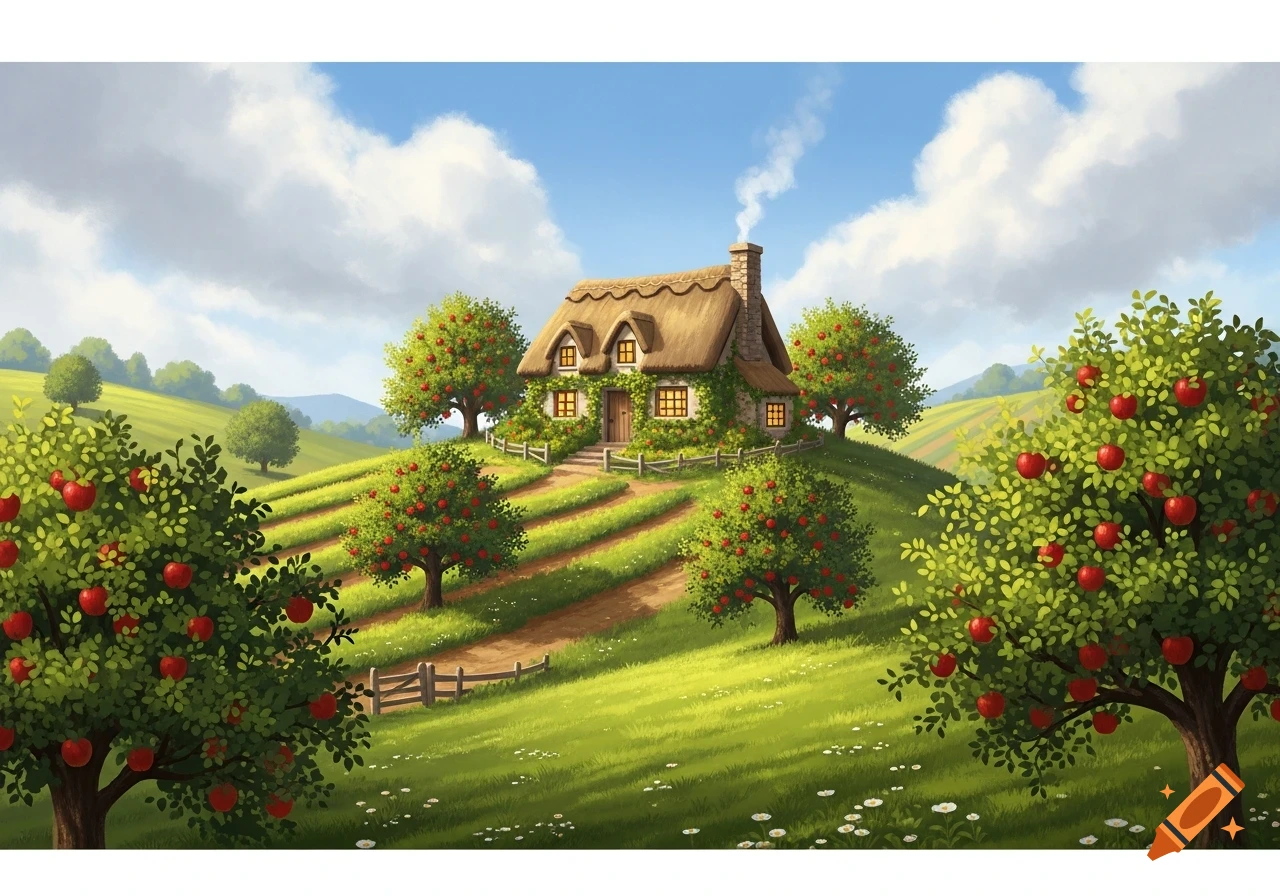 An idyllic cottage with a thatched roof and smoking chimney sits on a green apple-covered hill, surrounded by apple trees under a blue sky.