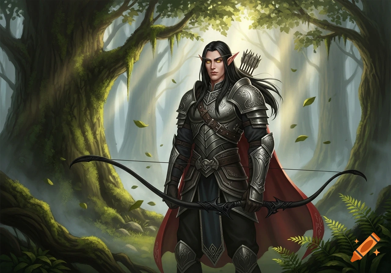 A dark-haired elf archer with gold eyes stands in ornate armor with a bow in a mystical forest.