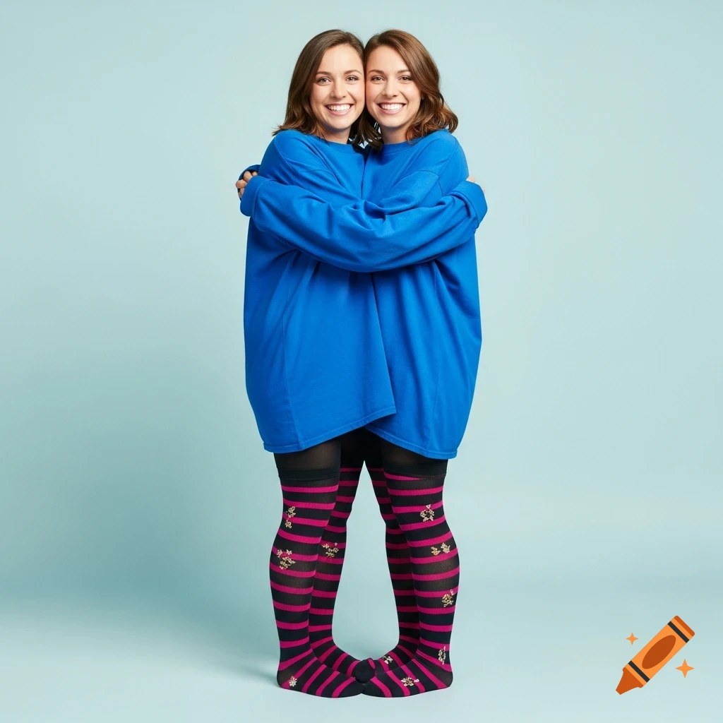 Two smiling women create a conjoined illusion, hugging in an oversized blue shirt and striped tights on a blue background.