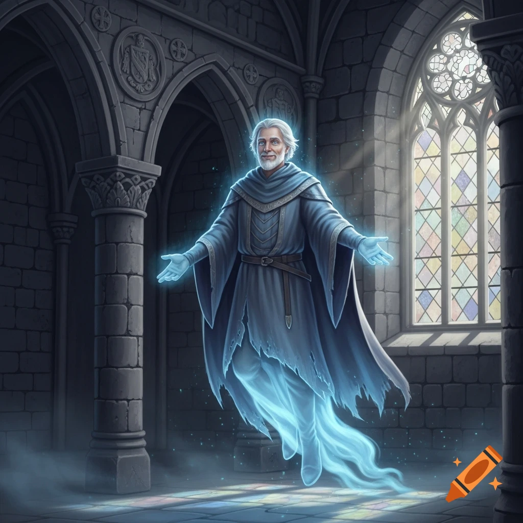 A benevolent medieval male ghost with a blue aura floats in a gothic hall with a stained glass window.