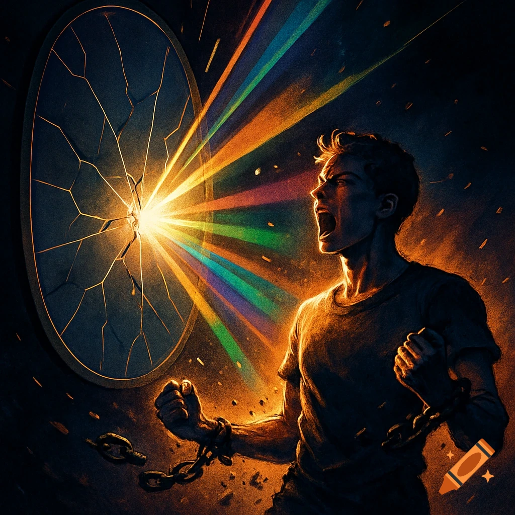 A man screams, breaking chains, as vibrant rainbow light bursts from a cracked oval mirror in a dark, dramatic setting.