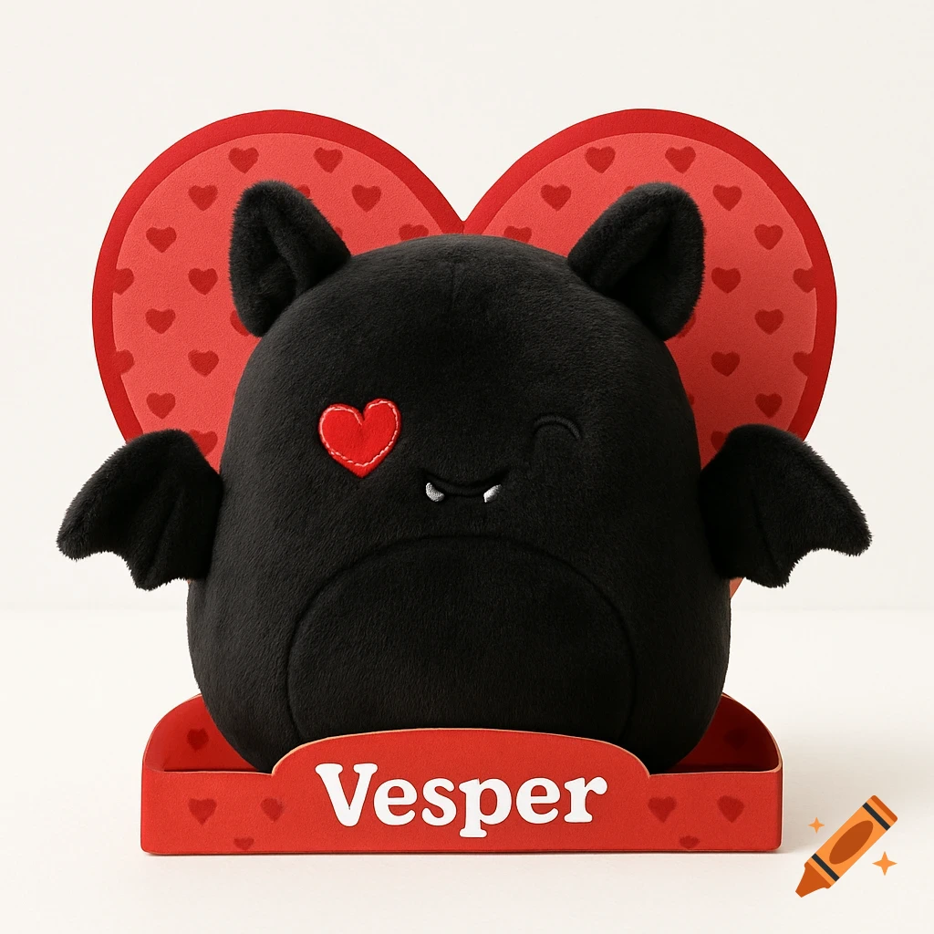 A cute black bat plush with a red heart eye and fangs, on a red base with 'Vesper' and a heart-patterned background.