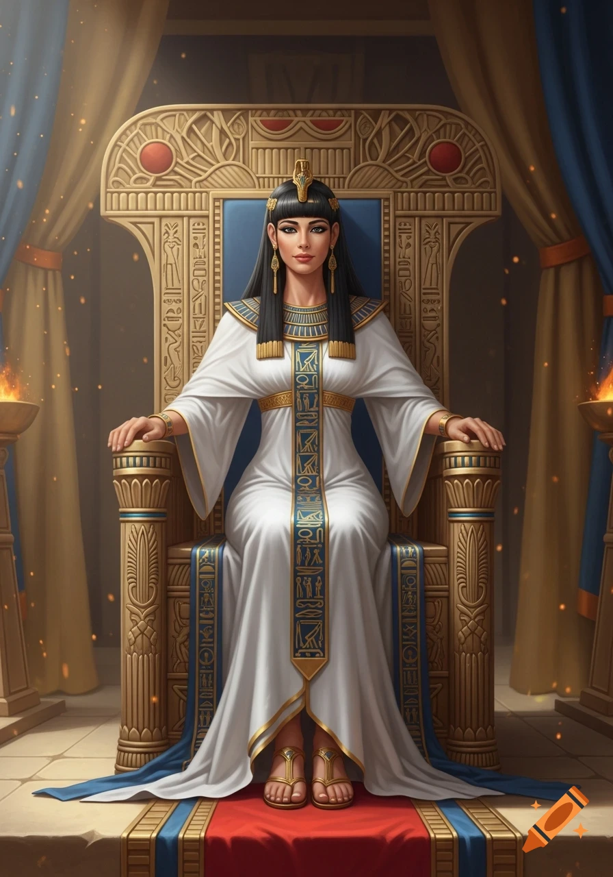 A beautiful Egyptian goddess, possibly Isis, with long black hair, sits majestically on an ornate golden throne, wearing a white and gold gown.