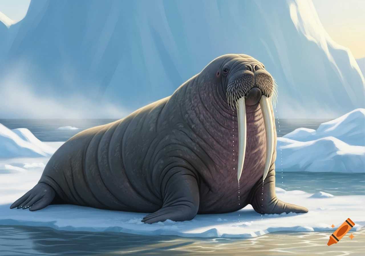 A large walrus with long tusks and whiskers rests on an ice floe in an arctic scene with snowy mountains.