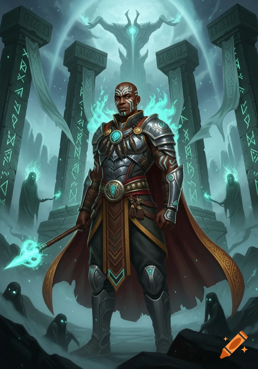 A bald African American warrior with tribal markings, clad in ornate armor, stands holding a glowing staff in ancient ruins with mystical runes and ghostly figures.