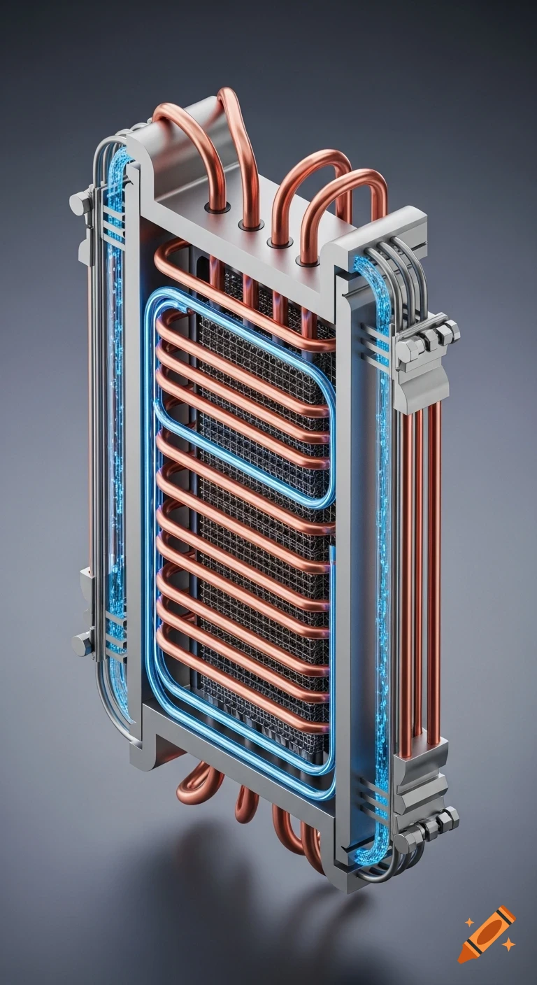 3D isometric cutaway view of a shell and tube heat exchanger, showing internal copper tubes, steel shell, and blue glowing fluid flow.