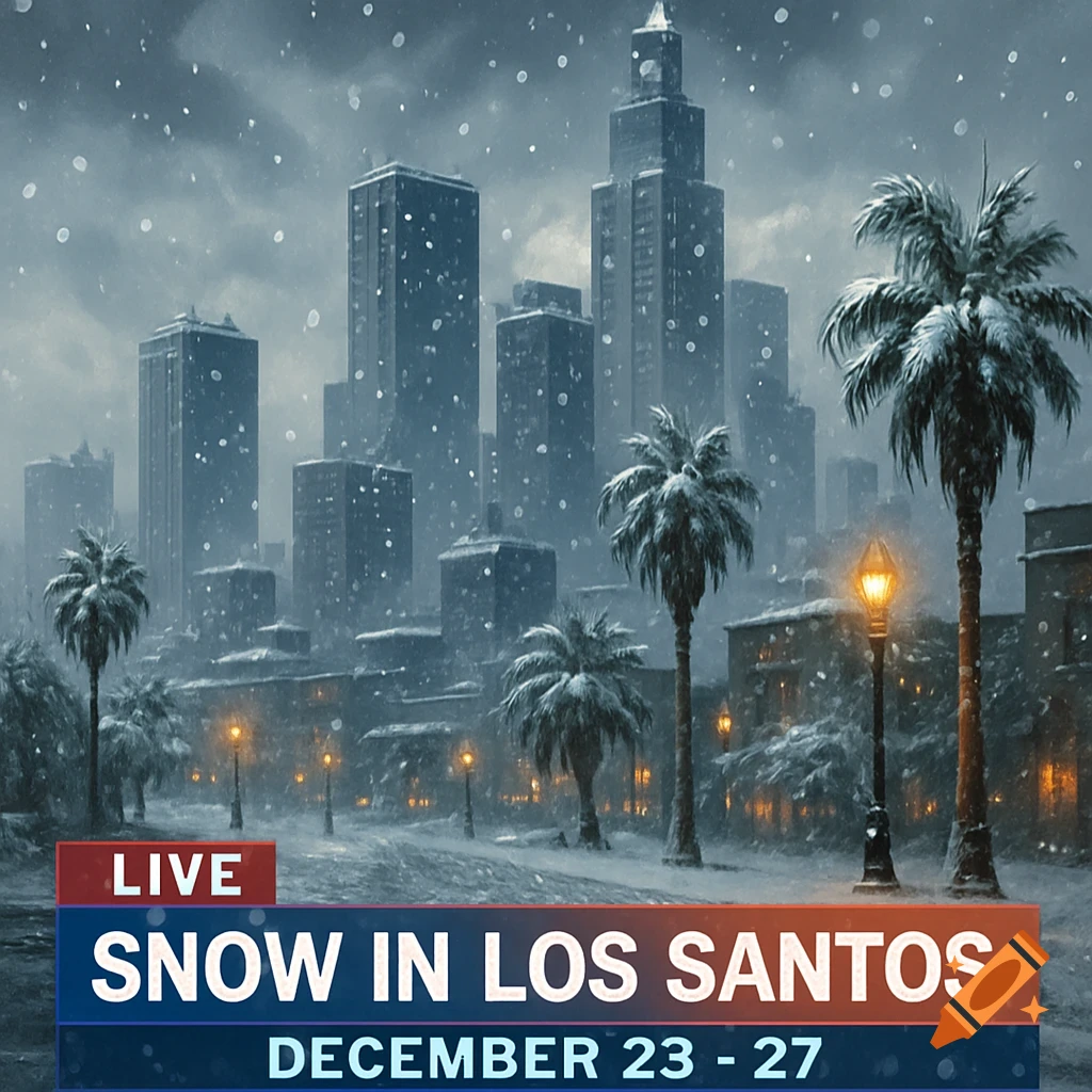 A snowy cityscape with tall buildings and palm trees under a gray sky, featuring a news banner reading "LIVE SNOW IN LOS SANTOS DECEMBER 23 - 27".