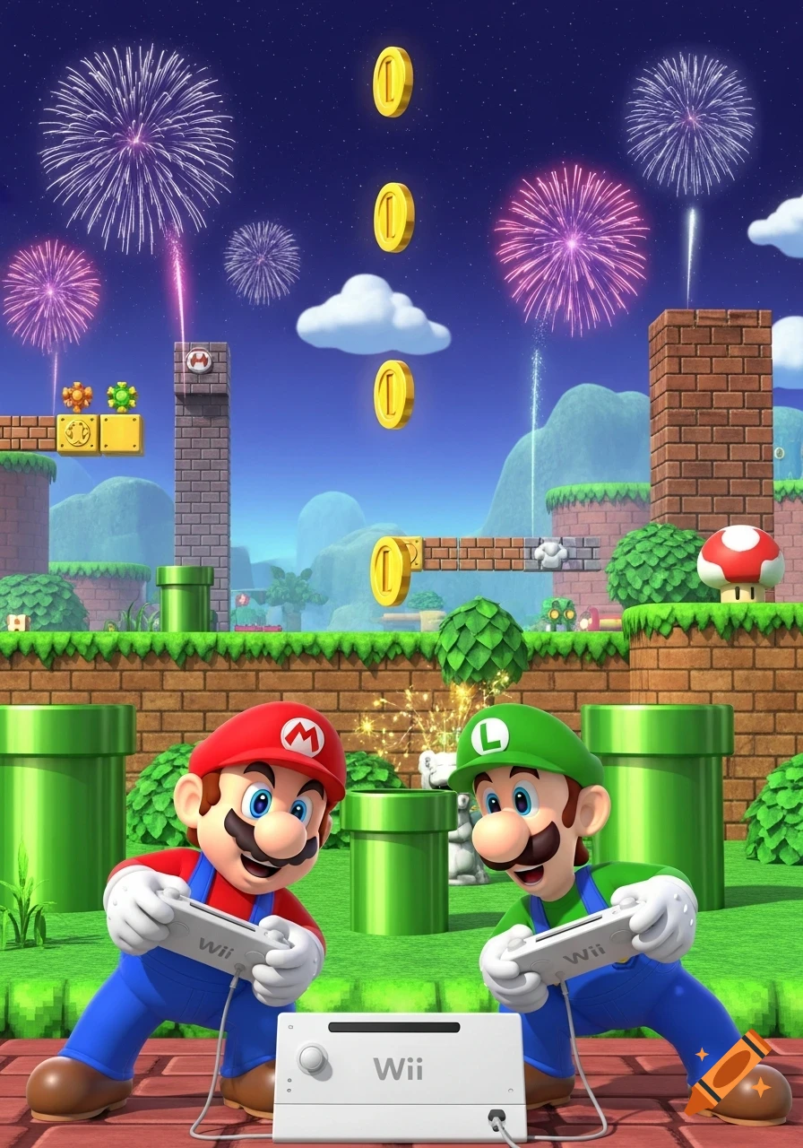 Mario and Luigi play Wii in a Super Mario Bros. level with fireworks in the night sky.