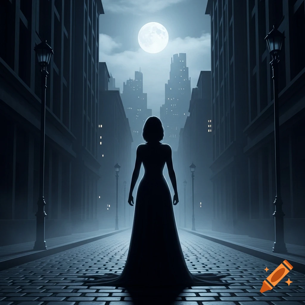 A silhouette of a woman in a long dress stands on a cobblestone street at night, looking towards a full moon and distant city buildings.