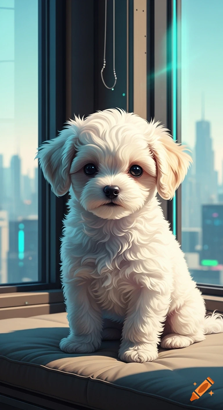 A cute fluffy white puppy with big black eyes sits on a cushion in front of a window overlooking a blurred cyberpunk city.