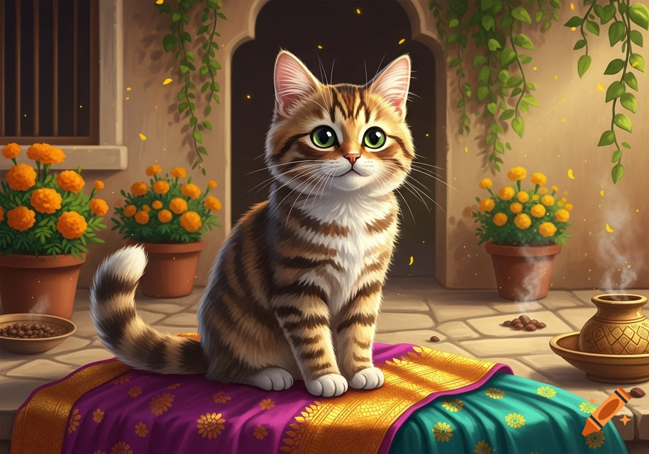 A cute, fluffy brown and white tabby cat with big green eyes sits on a vibrant purple and gold patterned cloth. The background shows potted orange flowers, green vines, and an arched doorway in a stylized Indian setting.
