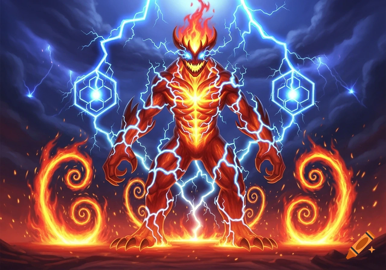 A stylized, muscular fire monster with horns and sharp teeth, emanating lightning and standing amidst swirling flames under a stormy sky.
