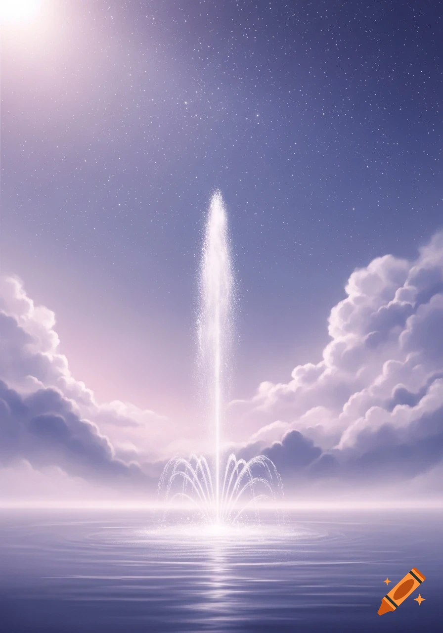 A glowing white fountain sprays high into a star-filled purple and blue night sky over calm water with fluffy clouds.