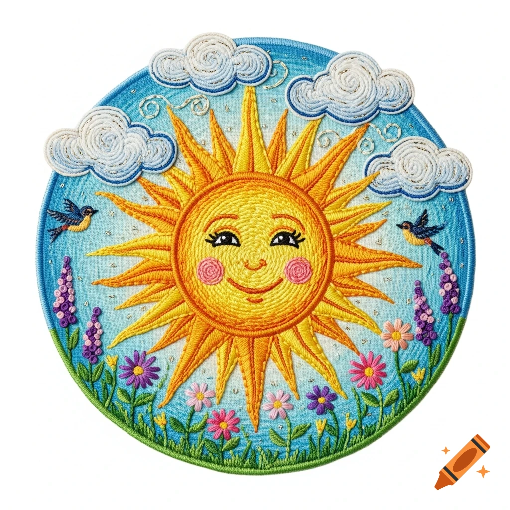 A vibrant embroidered patch features a smiling sun character surrounded by clouds, small birds, and colorful flowers in a green field.