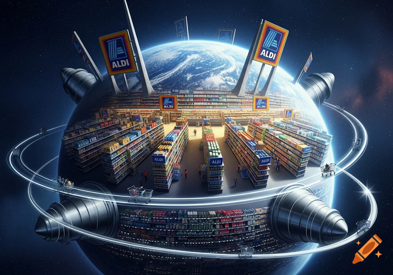 A photorealistic conceptual image of Earth styled as a giant Aldi supermarket in space, with shelves of products and orbiting shopping carts.