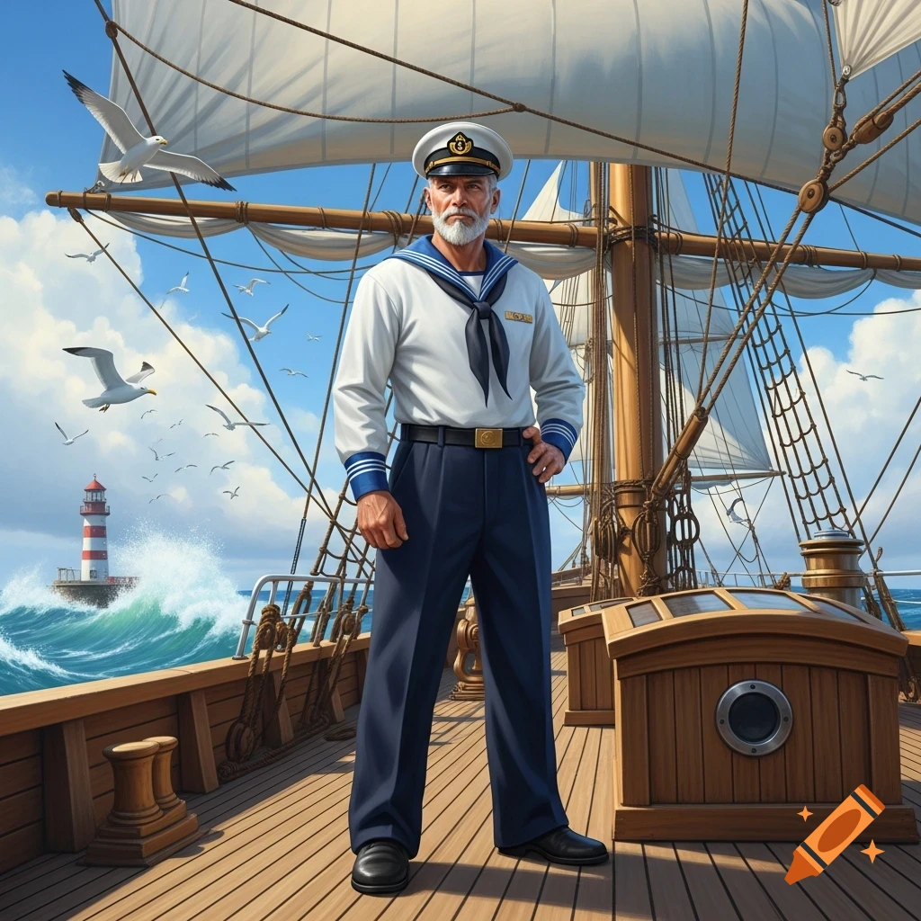 A bearded sailor in a white uniform and navy blue pants stands on the wooden deck of a sailing ship with a lighthouse and seagulls in the background.