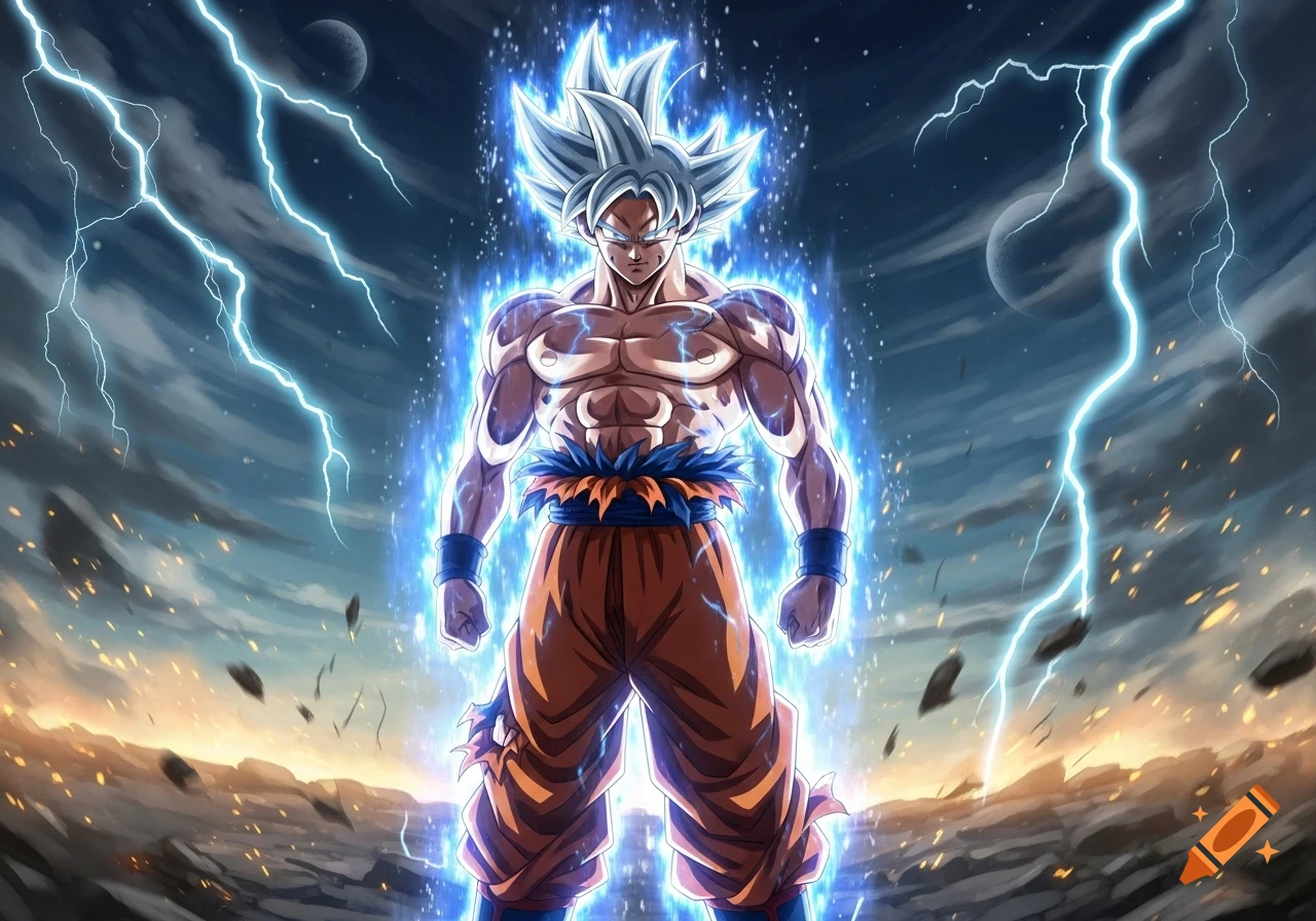 Goku in Ultra Instinct form with glowing blue aura and white spiky hair, surrounded by lightning against a dark, stormy sky and barren landscape.