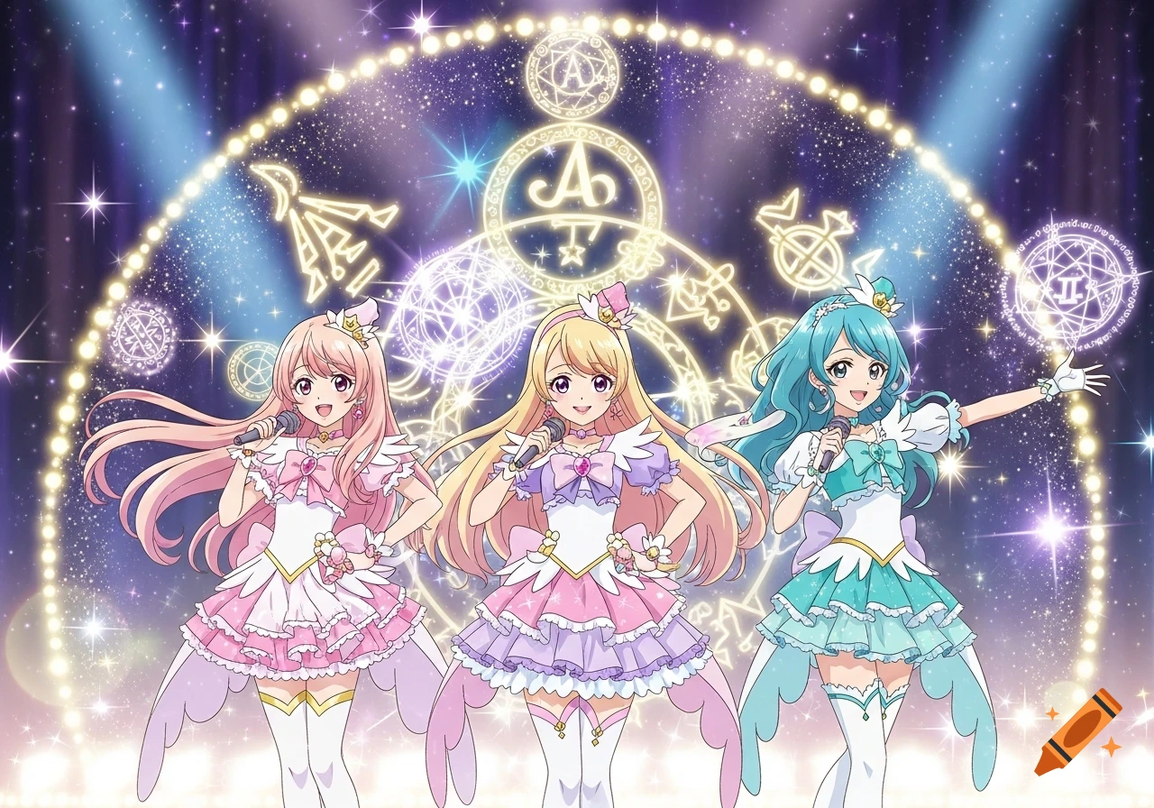 Three anime girls with pink, blonde, and blue hair in frilly idol dresses sing on a sparkling stage with glowing magical symbols.