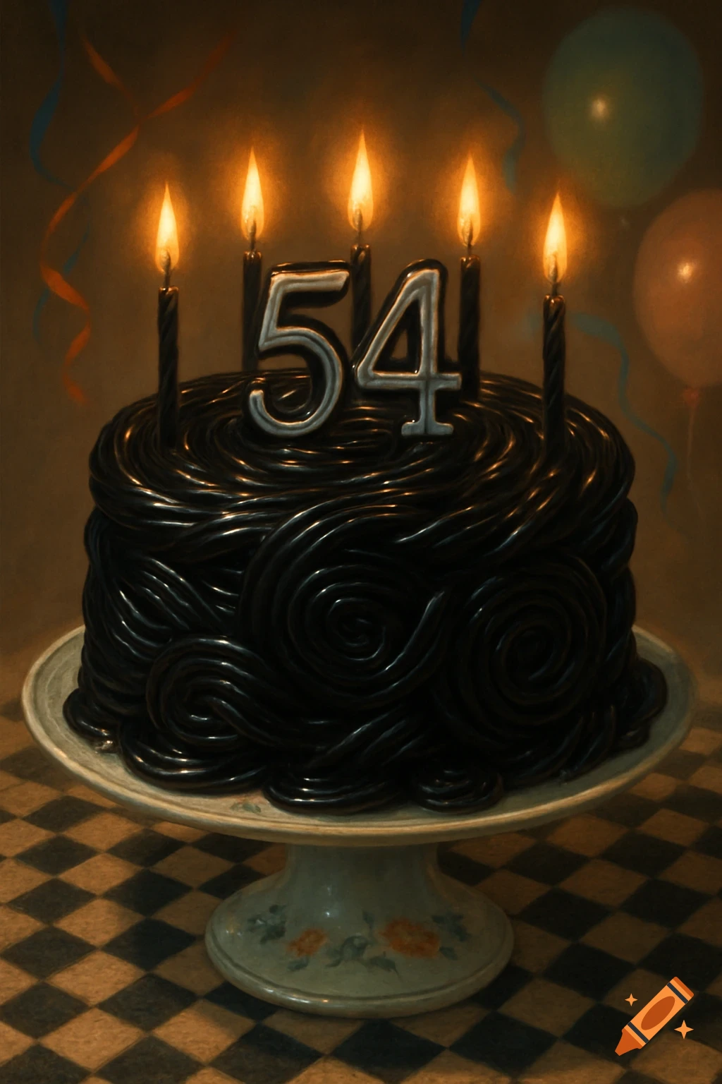 A painterly birthday cake made of black licorice, labeled '54' with five lit candles, on a checkered table with balloons.