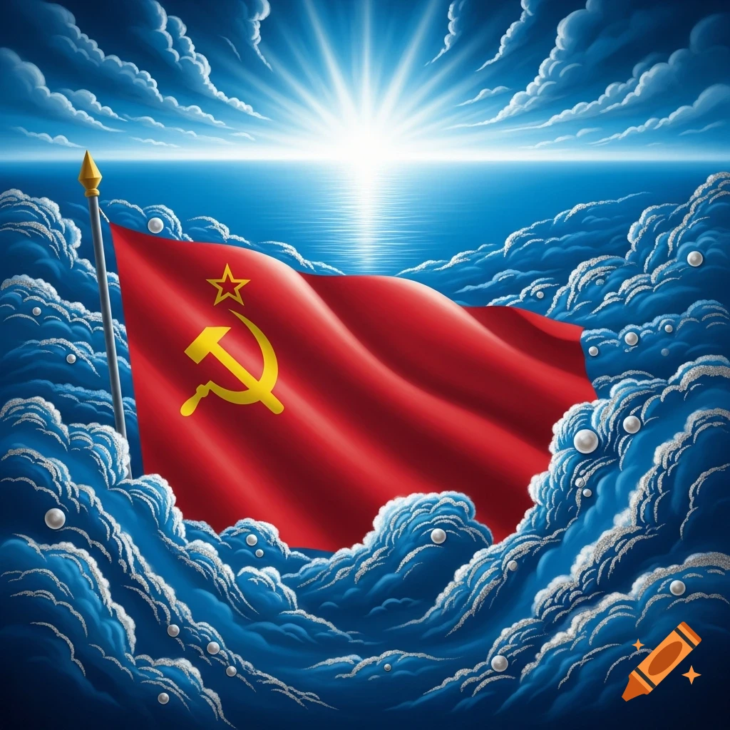 Red Soviet flag with hammer and sickle waving amidst blue and white clouds under a bright sun over the ocean.