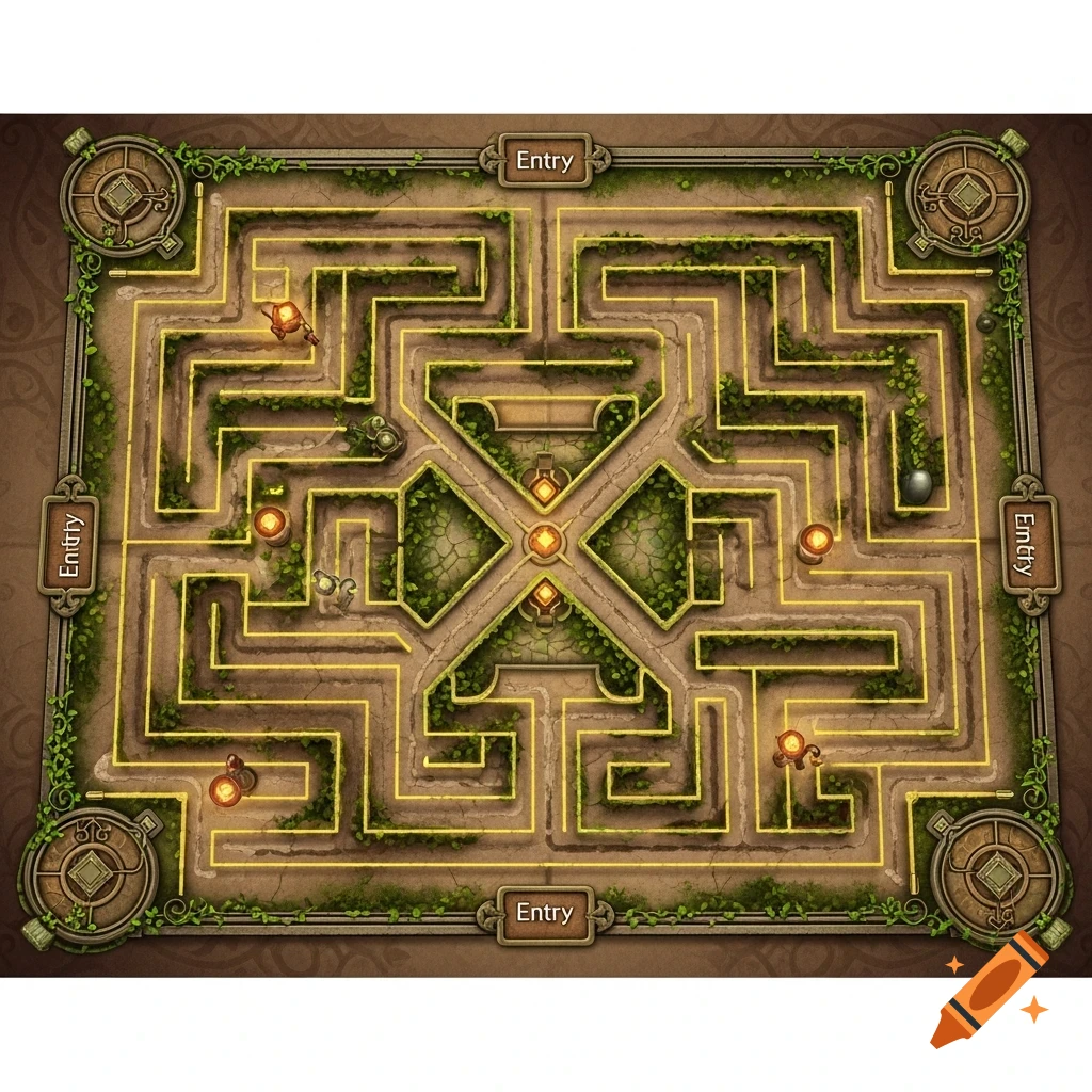 Top-down view of a fantasy-themed board game maze with glowing paths, featuring 'Entry' and 'Entity' labels at various points.