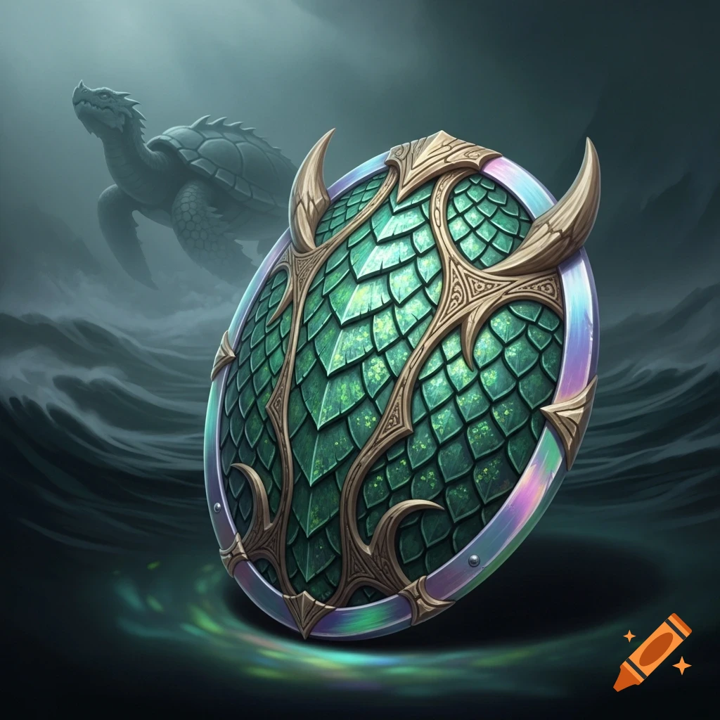 A fantasy buckler shield made of green dragon scales and gold trim, floating on dark water with a large dragon turtle in the misty background.