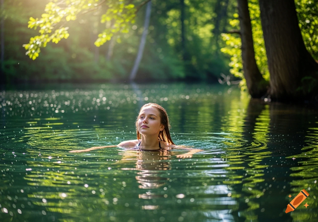 A young woman with wet hair swims in a tranquil green lake, sunlight filtering through the lush trees surrounding her.