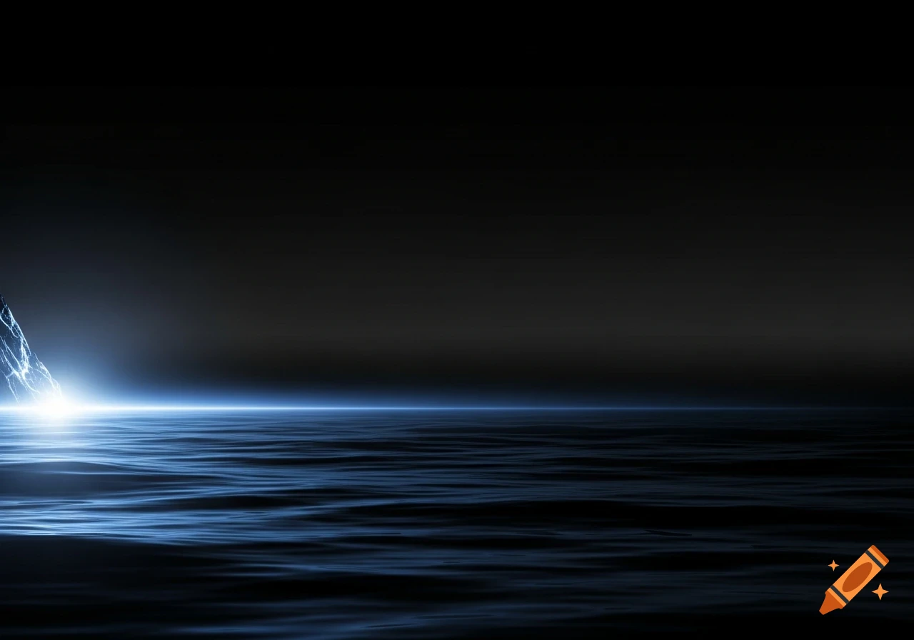 Dark, wavy blue water under a black sky, illuminated by a bright blue light and abstract lightning on the left.