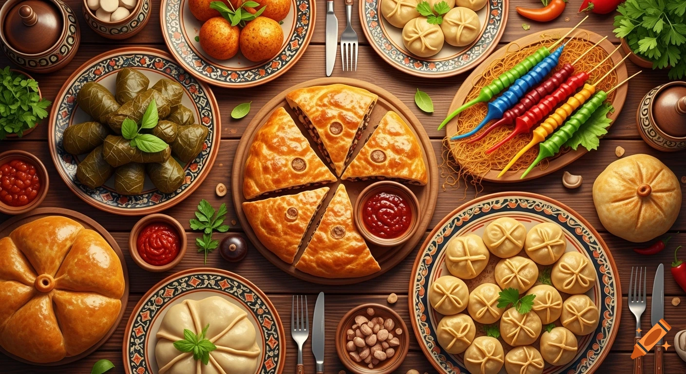 Top-down view of a wooden dining table laden with plates of traditional Armenian dishes: dolma, khapama, churchkhela, and manti, with cutlery.