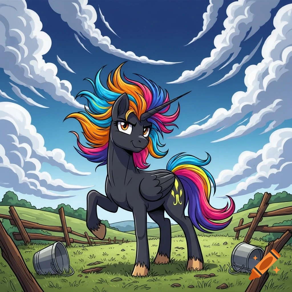 A dark grey cartoon unicorn with a spiky, rainbow-colored mane and tail stands in a green field with broken fences under a blue sky.