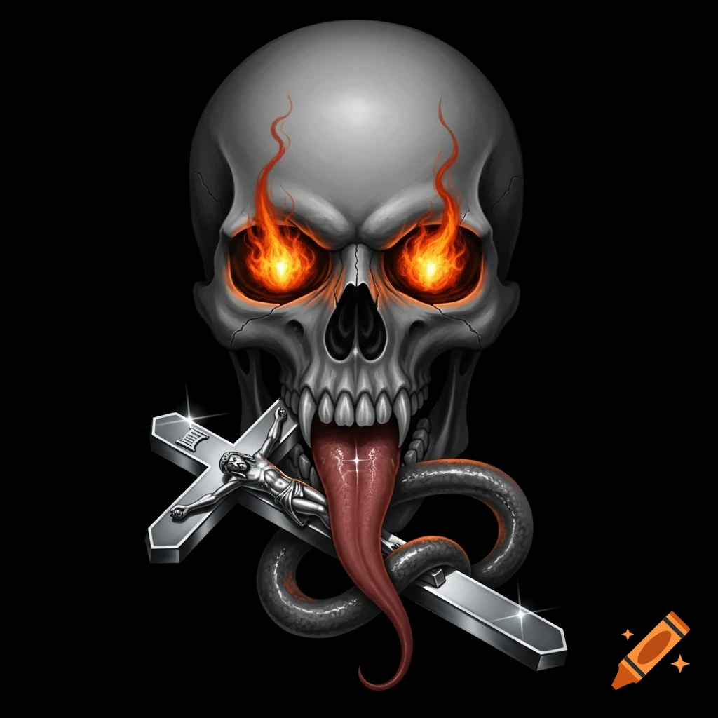 Stylized gray skull with fiery orange eyes and a long red tongue wrapped around a silver crucifix, on a black background.