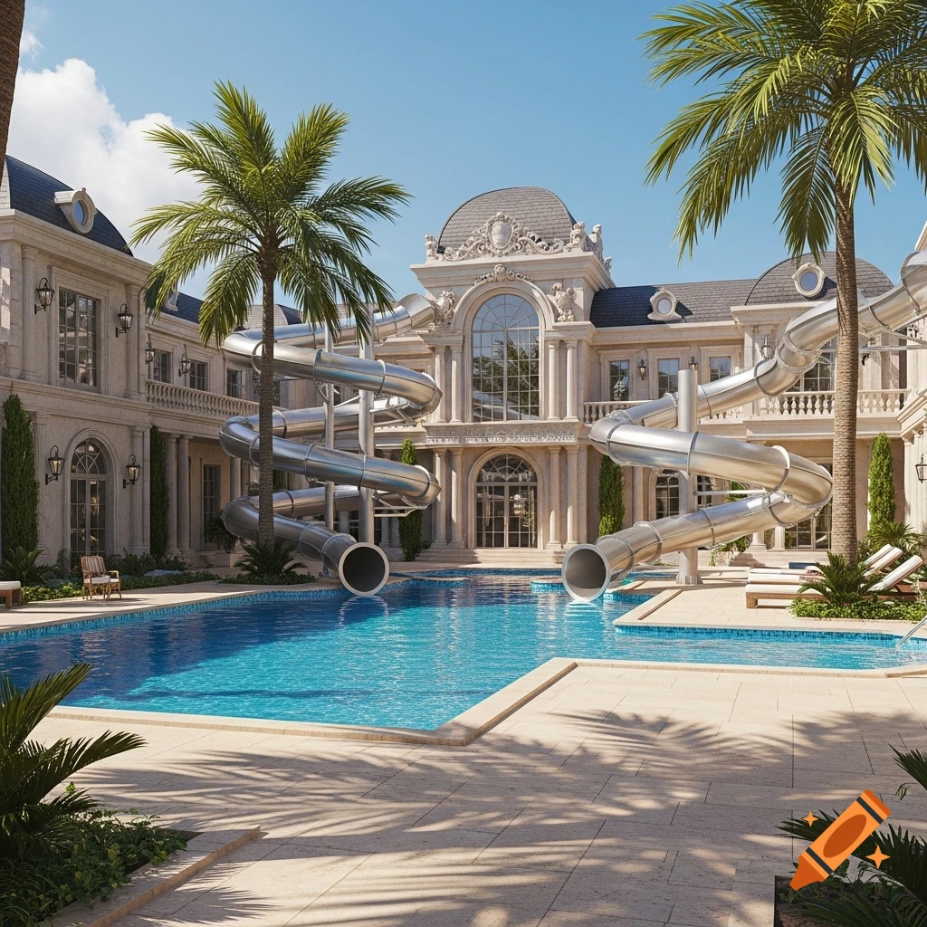 A luxurious mansion styled like a chateau, featuring multiple silver water slides leading into a large swimming pool surrounded by palm trees under a clear sky. Photorealistic.