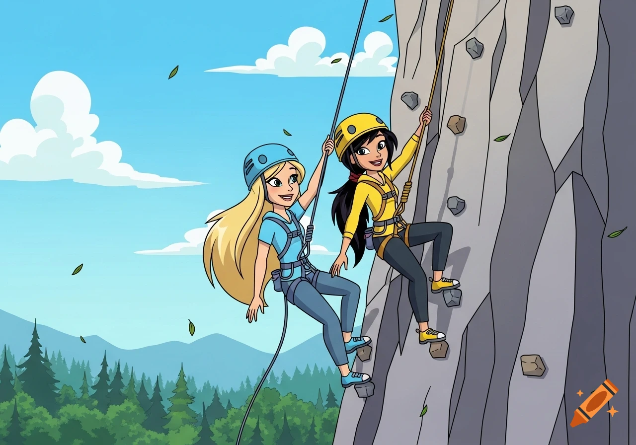 Two smiling cartoon girls in helmets and harnesses rock climb up a gray rock face, with mountains and trees in the background under a blue sky.