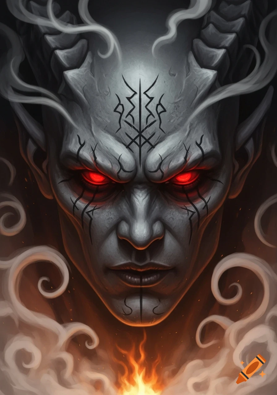 A close-up digital painting of a grey-skinned demon with glowing red eyes, horns, and black tribal markings, surrounded by smoke and fire.