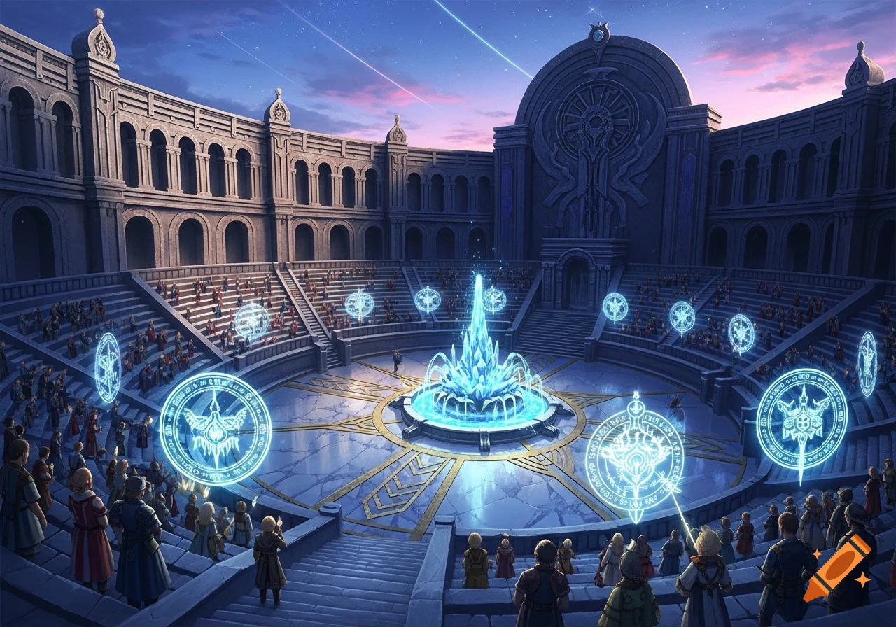 A grand fantasy stone arena filled with spectators, featuring a glowing blue crystal fountain in the center and mystical runes on the ground and walls, under a starry sky.