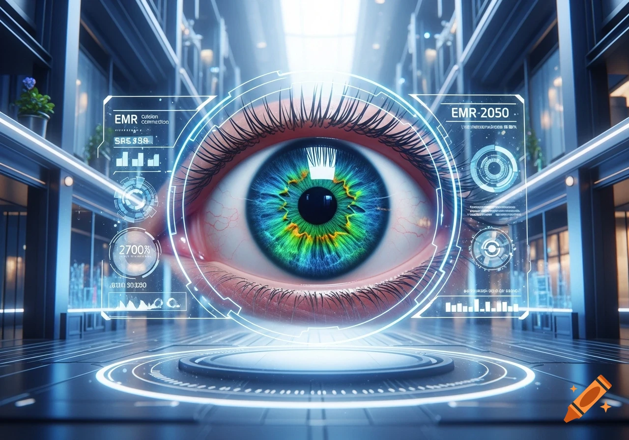 A close-up of a human eye with vibrant blue and green iris, surrounded by glowing futuristic holographic data displays in a bright room.
