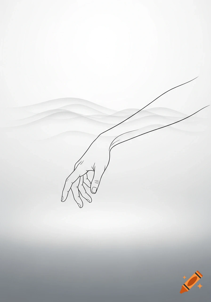 Minimalist line art drawing of a hand and arm reaching down, against a subtle, wavy abstract gray background.