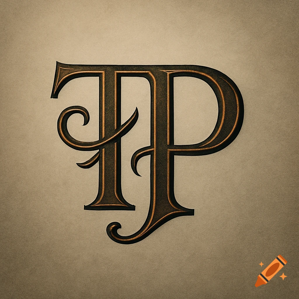 Stylized dark bronze monogram of intertwined letters 'TP' on a textured beige background.