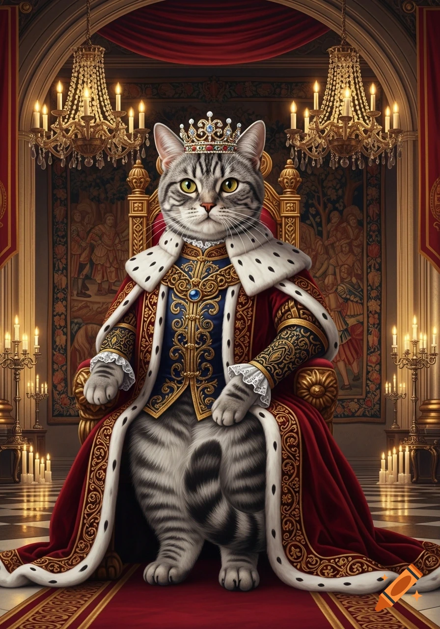 A majestic grey tabby cat wearing a jeweled crown and a richly embroidered red and blue royal robe, seated on a golden throne in a grand hall.