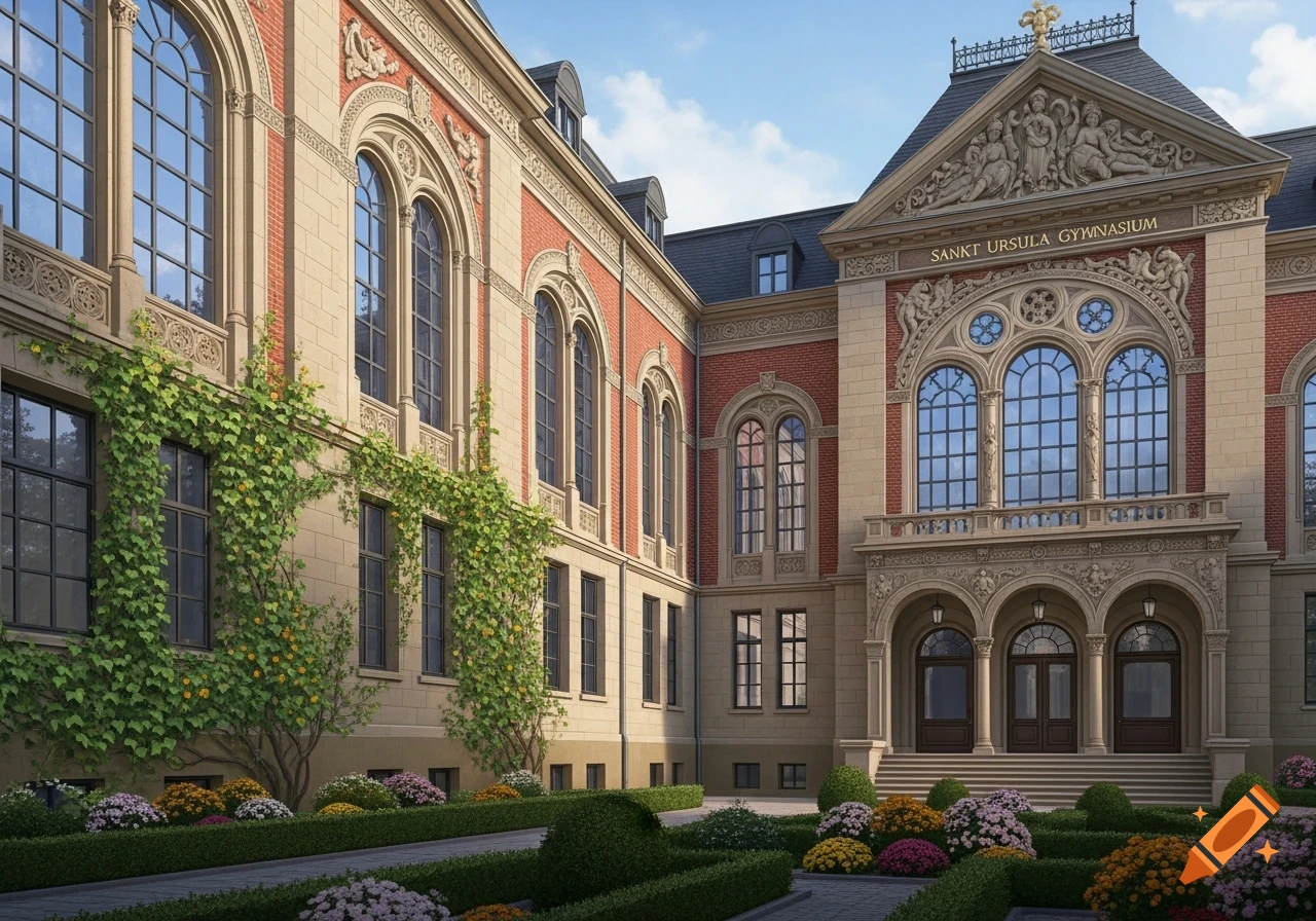 A grand European building with red brick and stone facade, arched windows, ornate carvings, ivy, and a colorful garden.