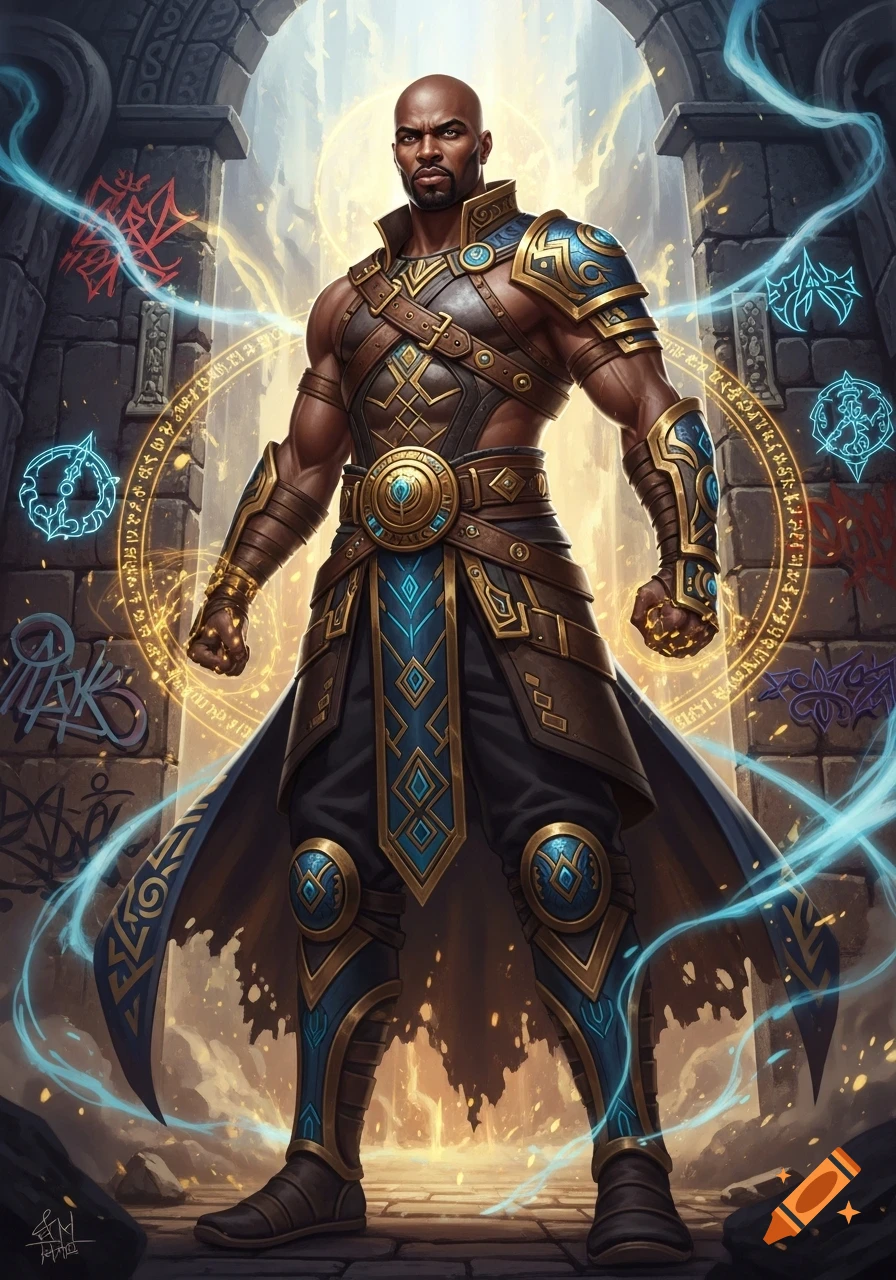 A bald African American warrior in ornate brown, gold, and blue armor stands powerfully, surrounded by glowing mystical runes and blue energy in a stone archway.