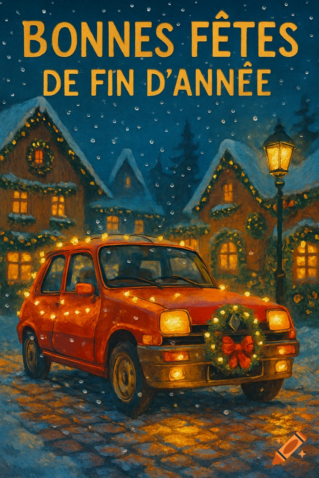 A festive illustration of a vintage red Renault R5 car decorated with Christmas lights in a snowy village scene at night, with "BONNES FÊTES DE FIN D'ANNÉE" written above.